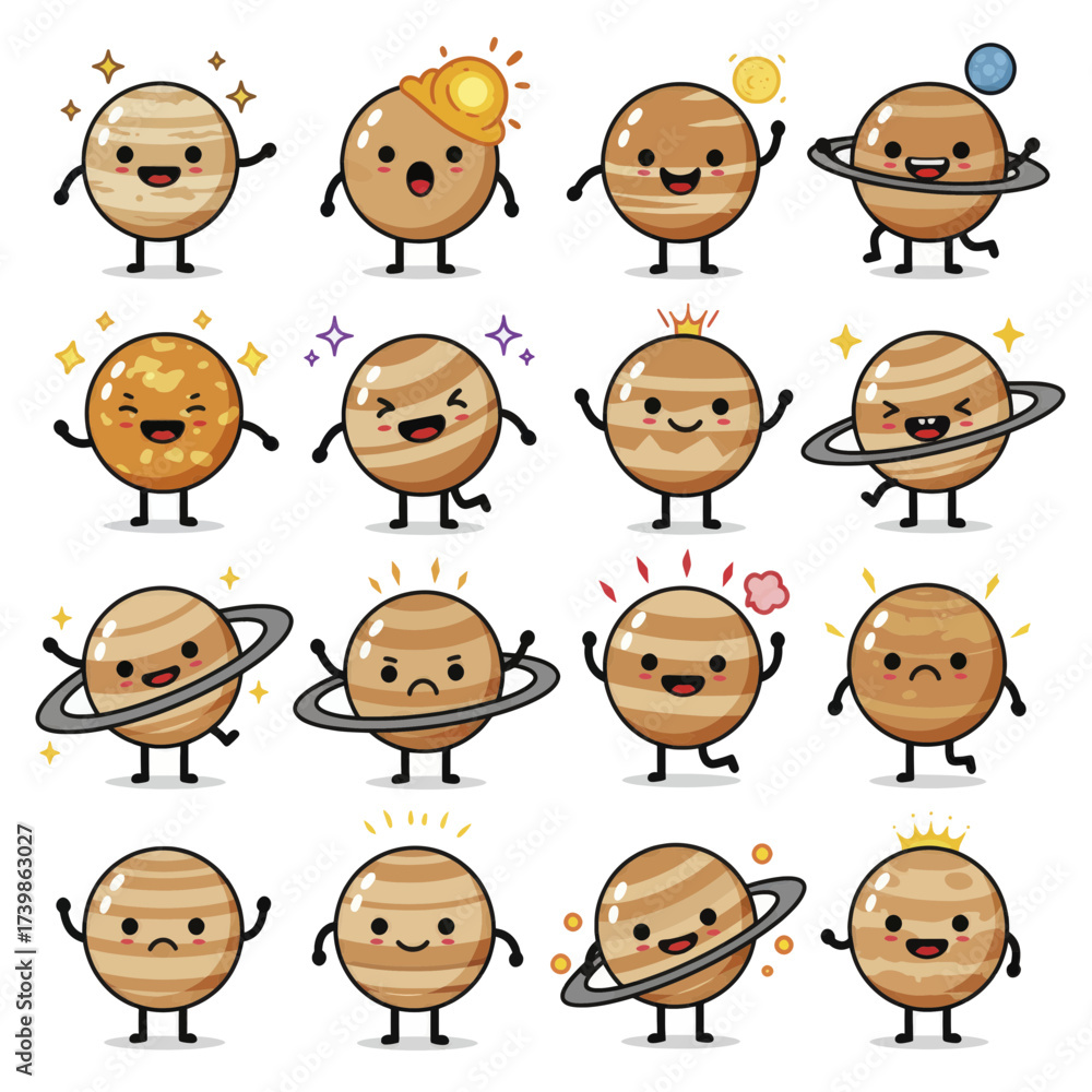 Naklejka premium Cute planet cartoon character mascot set with various expressions and poses.