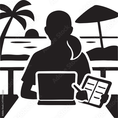 Silhouette of a person working on a laptop at a beach table with a tablet and umbrella symbolizing remote work and vacation