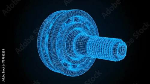 Blue 3D Wireframe Bearing with Threaded Shaft - A close-up of a blue 3D wireframe model of a bearing assembly with a threaded shaft.