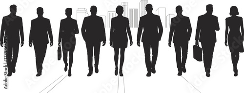 Business people silhouettes walking confidently, corporate team success, office professionals group, leadership power, teamwork unity, city skyline, partnership growth strategy