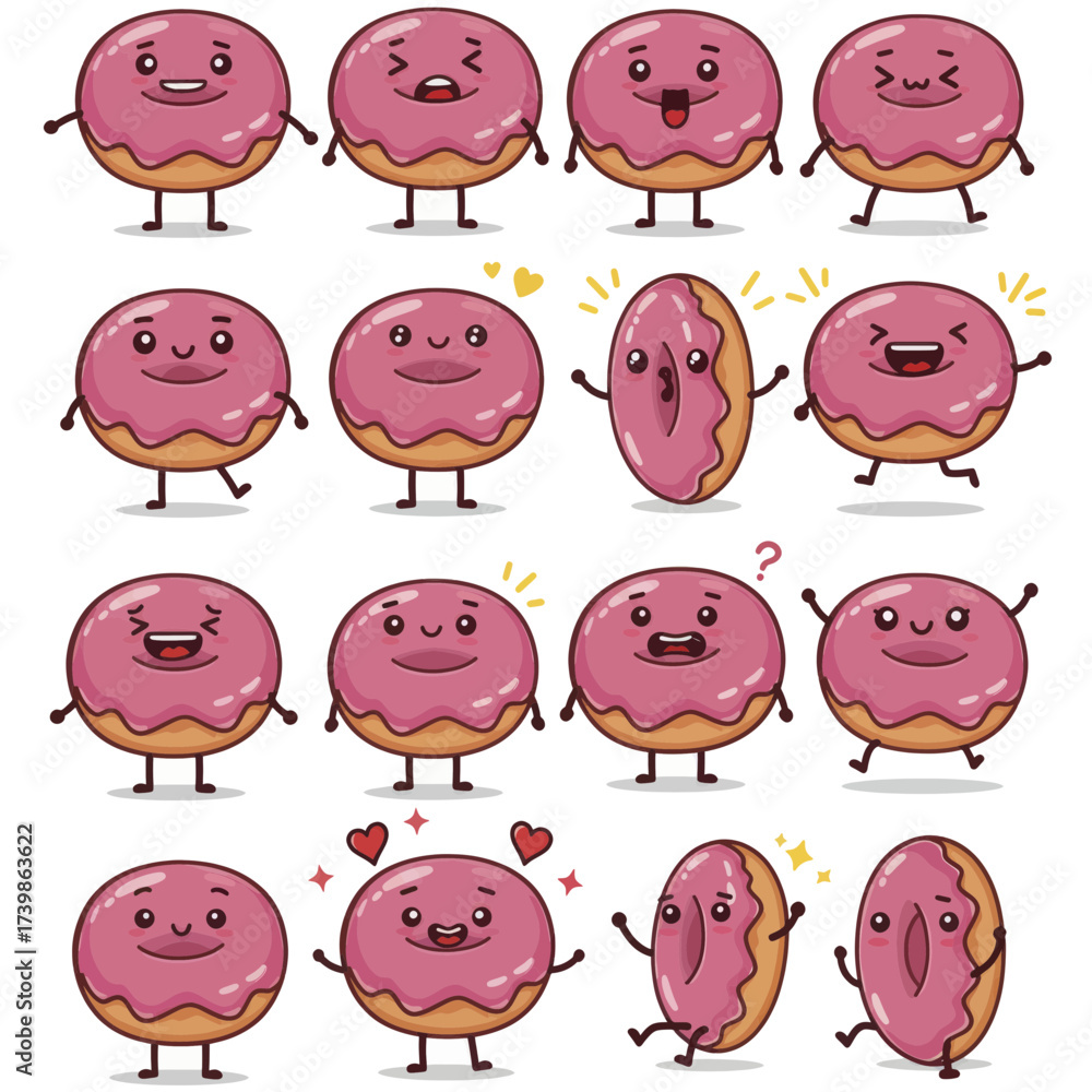 Fototapeta premium Cute pink donut character set with various emotions and poses A collection of kawaii food mascots for design.