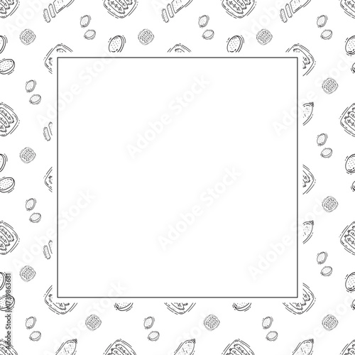 sausage frame. doodle grill sausage square frame. hand drawn sausage frame background. grill sausage background