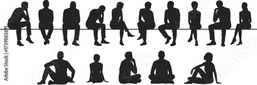 Silhouette collection of people sitting, thoughtful poses, casual relaxation, meditation concept, depression stress illustration, isolated human figure vector design