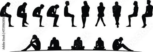 Silhouette of sad depressed people sitting alone, stress anxiety poses, mental health concept, black vector illustration on white background
