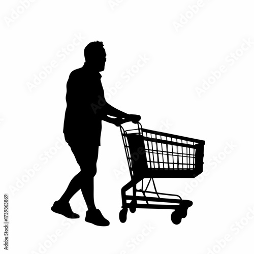 Silhouette of a man pushing a shopping cart isolated on white background