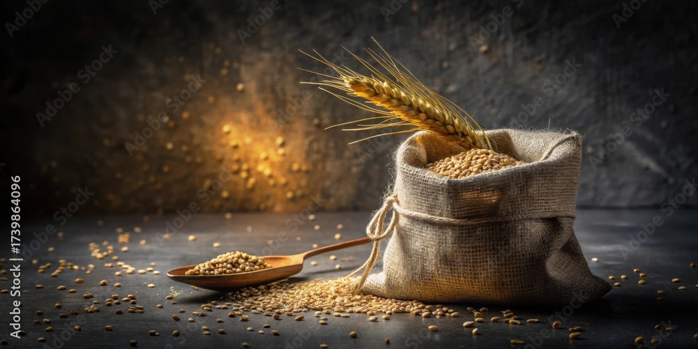 Fototapeta premium Golden Grains in Rustic Burlap Sack with Wooden Spoon and Scattered Seeds on Dark Surface