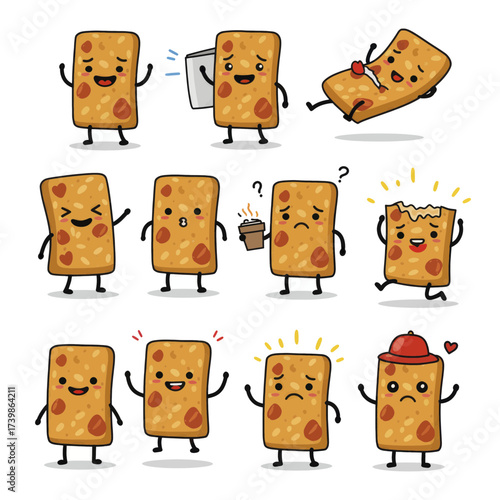 Set of cute granola bar cartoon character mascots.