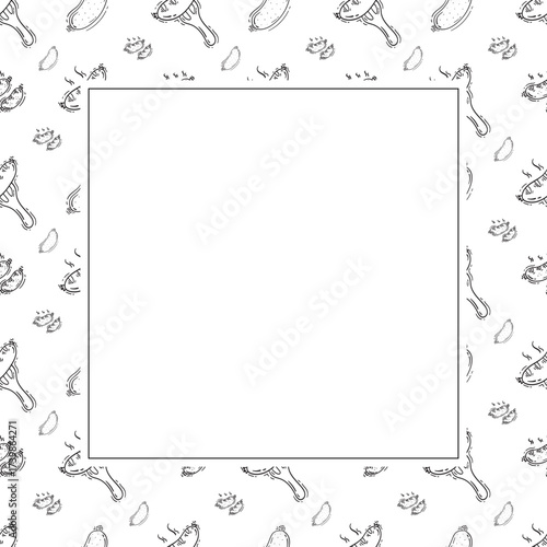 sausage frame. doodle grill sausage square frame. hand drawn sausage frame background. grill sausage background