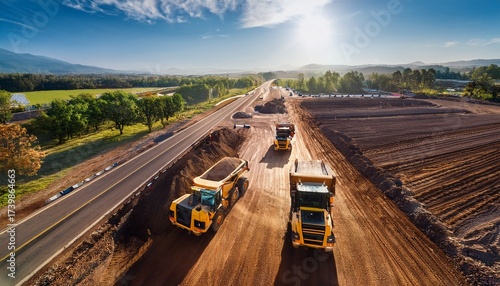 aerial shot showcasing road construction with dump trucks and heavy machinery on a sunny day scene