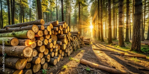 Golden Sunrise Illuminates a Stack of Logs in a Lush Forest