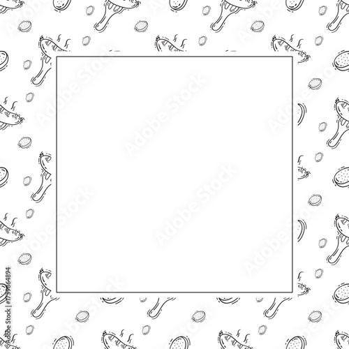 sausage frame. doodle grill sausage square frame. hand drawn sausage frame background. grill sausage background