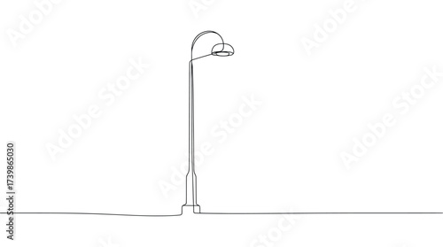 Minimalist line drawing of a street lamp with curved arm and rounded fixture, symbolizing urban lighting, public infrastructure, and city design