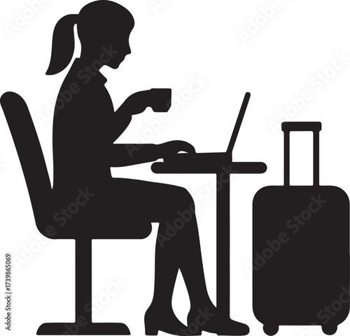 Silhouette of a woman working on a laptop and drinking coffee next to her suitcase representing remote work or travel