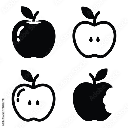 Collection of stylized apple icons representing whole fruit slices and bitten fruit for design and culinary projects silhouette