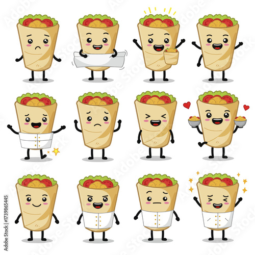 Cute burrito cartoon character mascot set with various expressions.