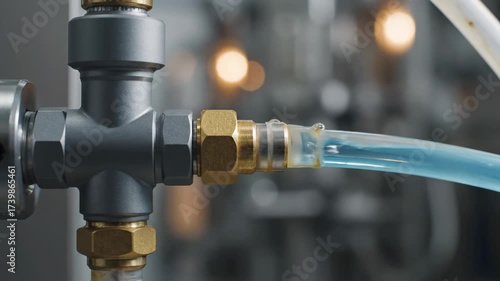 Close-up of Industrial Plumbing Fittings and Tubing - A close-up shot showcases industrial plumbing components, including grey and brass fittings and translucent tubing.