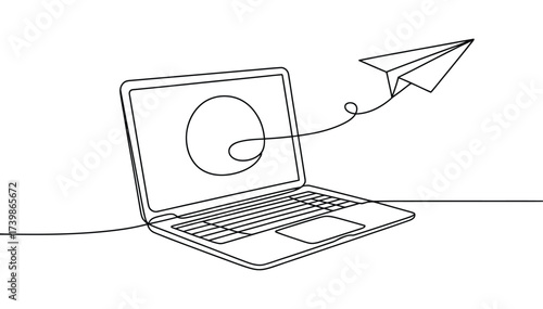 Minimalist line drawing of laptop with spiral screen and paper airplane, symbolizing digital communication, creativity, and idea transmission