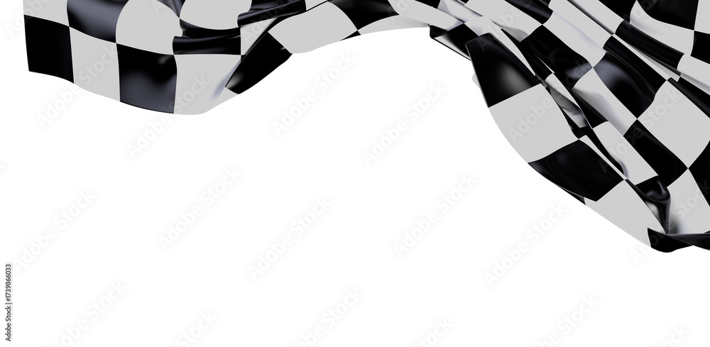 Obraz premium A checkered flag waving gracefully against a pristine white backdrop, evoking speed, competition and the thrill of the finish line. Perfect for