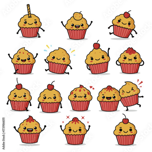 A collection of cute kawaii cupcake characters with various expressions and poses.