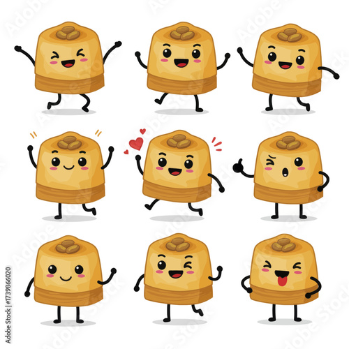 Collection of cute baklava mascot characters with different poses.