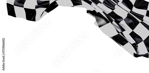 A close up view of a checkered racing flag waving in the wind on a white background, perfect for conveying speed, victory, and competition.