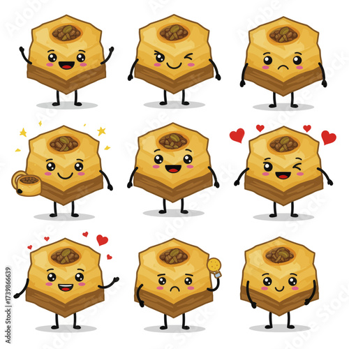 Set of cute baklava mascot characters with various expressions.