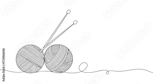 Minimalist line drawing of two yarn balls with knitting needles and loose strand, symbolizing textile art, creativity, and handmade craft concept