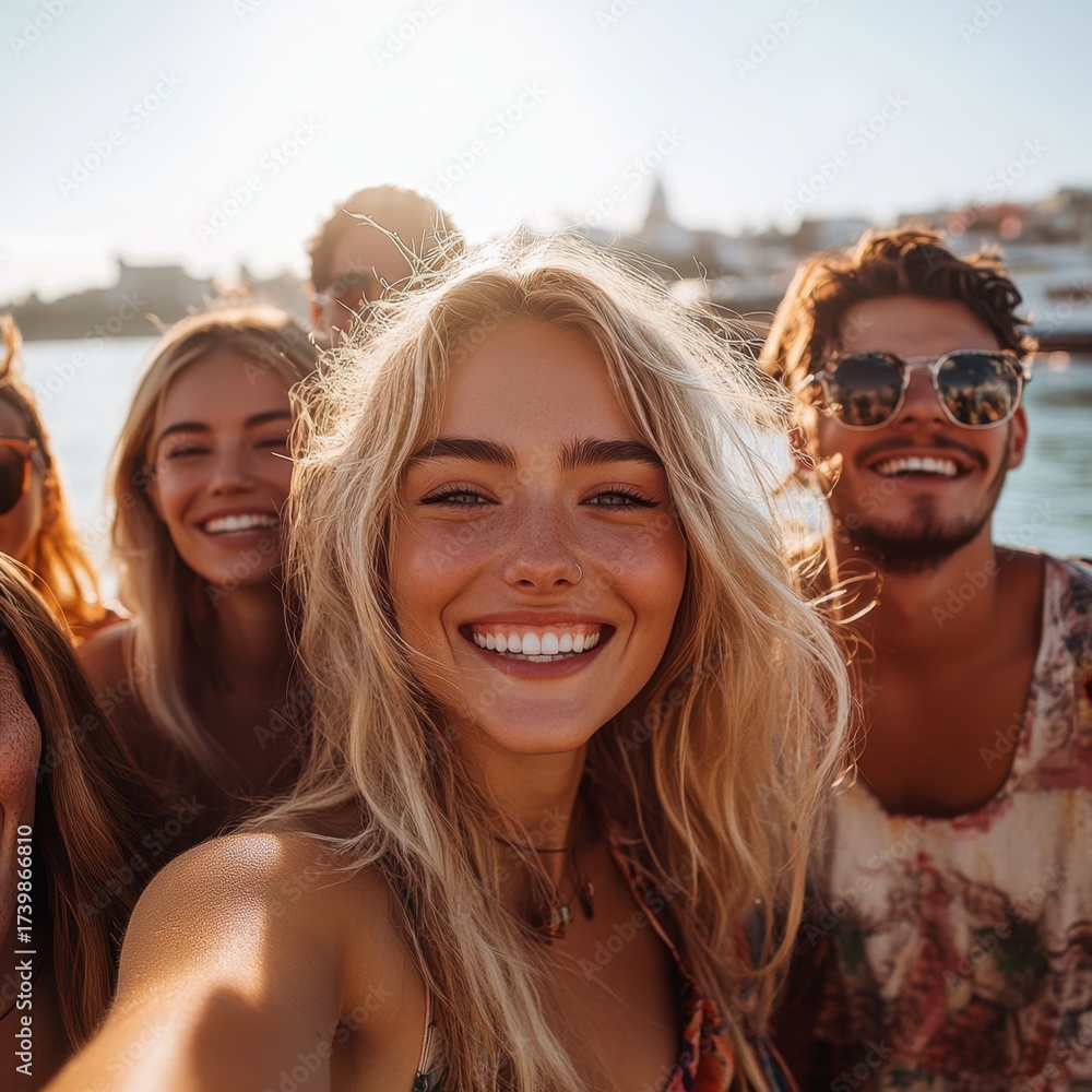 Fototapeta premium Group of Young Friends Smiling Joyfully at Outdoor Summer Festival