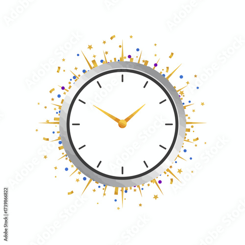 A modern analog wall clock with a white face and yellow hands surrounded by a vibrant burst of colorful confetti and abstract celebratory elements