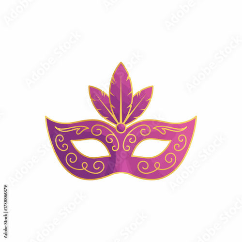 Elegant venetian masquerade mask with ornate swirling patterns and decorative feathers in shades of vibrant purple and pink perfect for festive celebrations