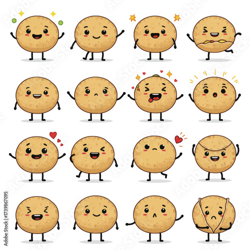 Set of cute arepa cartoon characters with various expressions Kawaii food mascot collection showing different emotions.
