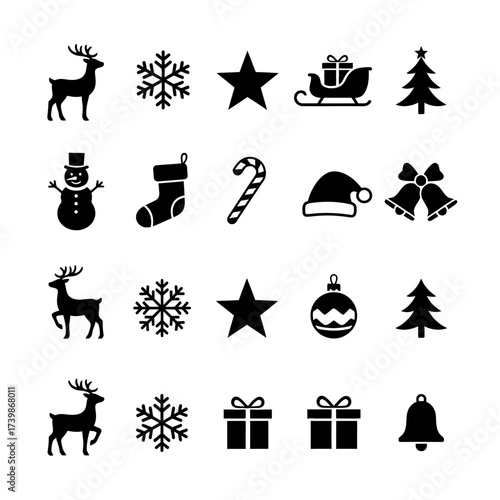 Collection of festive christmas icons including reindeer snowflakes stars sleighs trees snowmen stockings candy canes hats bells and gifts