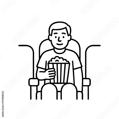 Vector line icon man holding popcorn in a movie theater on a white background
Vector line icon on a white background