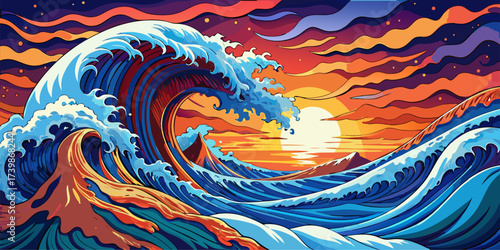 Immerse yourself in the beauty of the Giant Wave Sunset. Perfect for banners, t-shirt designs, wallpapers, or any project requiring dynamic, striking visuals.