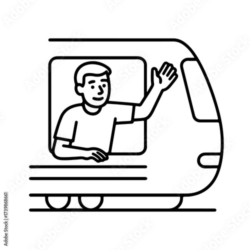 Vector line icon man waving from a train window on a white background
Vector line icon on a white background