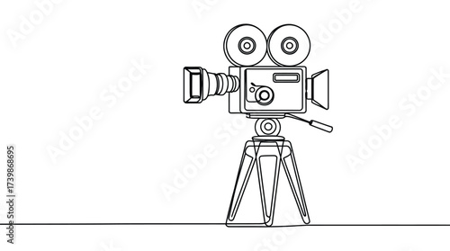 Minimalist line drawing of a vintage film camera on tripod with reels and lens, symbolizing classic cinema, filmmaking, and retro media concept