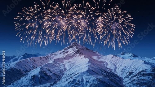 Massive Fireworks Above Snowy Mountains – Winter New Year Festival
