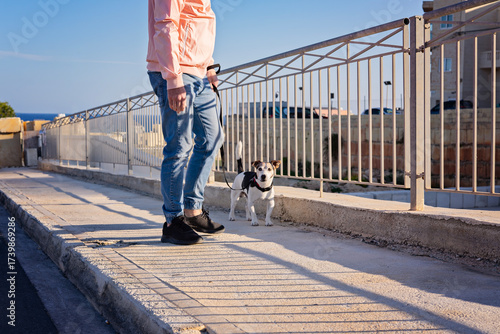 Wallpaper Mural Man walking small dog on sunny urban promenade with railing, casual dog walk Torontodigital.ca