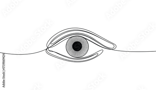 Minimalist line drawing of a stylized human eye with concentric iris detail, symbolizing vision, awareness, observation, and artistic expression