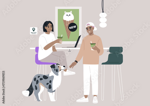 Two friends rejoice in their matcha beverages at a welcoming cafe while a charming dog sits nearby, creating a joyful scene of friendship and relaxation