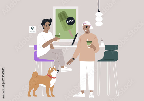 Two friends rejoice in their matcha beverages at a welcoming cafe while a charming dog sits nearby, creating a joyful scene of friendship and relaxation
