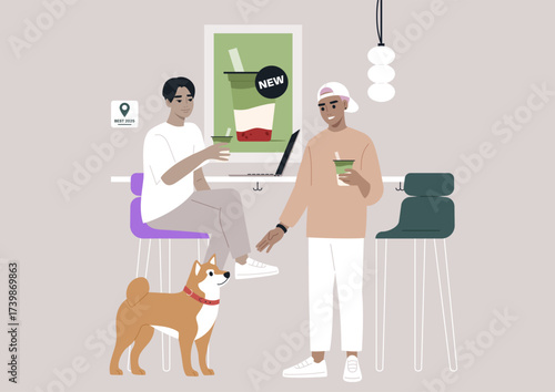 Two friends rejoice in their matcha beverages at a welcoming cafe while a charming dog sits nearby, creating a joyful scene of friendship and relaxation