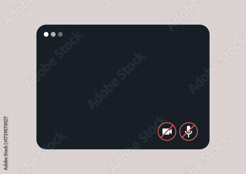 Digital screen displays a video call interface with no video feed, Symbols indicate muted microphone and turned-off camera