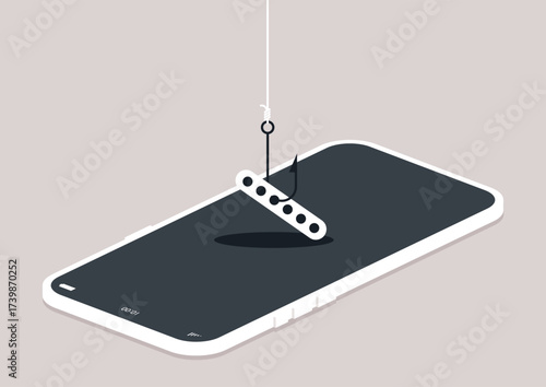 A digital illustration showcases a smartphone with a fishing hook dangling above it, symbolizing the risk of password phishing, This design emphasizes the need for vigilance in internet security.