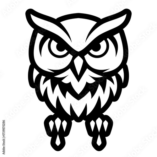 A clean black outline of an owl, emphasizing symmetry and sharp features for a modern logo look.