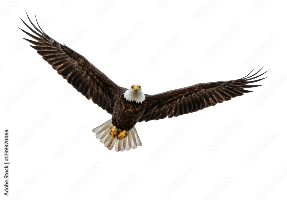 Naklejka premium Isolated American bald eagle flying with wings outstretched, looking forward majestically