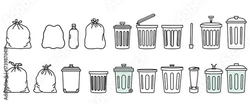 Set of thin line icons depicting various waste disposal methods including trash bags and garbage cans on white background,  debris,  recycling