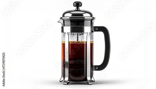 A classic glass and chrome French press coffee maker filled with freshly brewed coffee, isolated on a white background.
