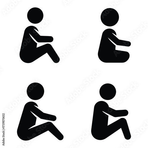 Four simple silhouette figures sitting down in relaxed poses demonstrating basic human poses and actions for visual representation silhouette