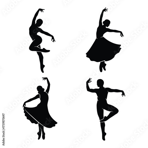 Elegant ballet dancers silhouettes four poses dynamic movement artistic grace performance dance studio artistry expression silhouette